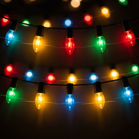 Colorful Christmas lights garland on dark background. Holiday concept.