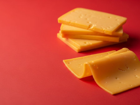 Cheese slices on a red background, close-up, copy spaceの写真素材