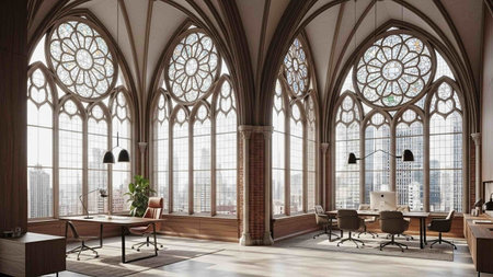 Interior of a modern office building with columns and arched windowsの写真素材