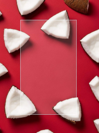 Coconut slices on red background. Flat lay, top viewの写真素材