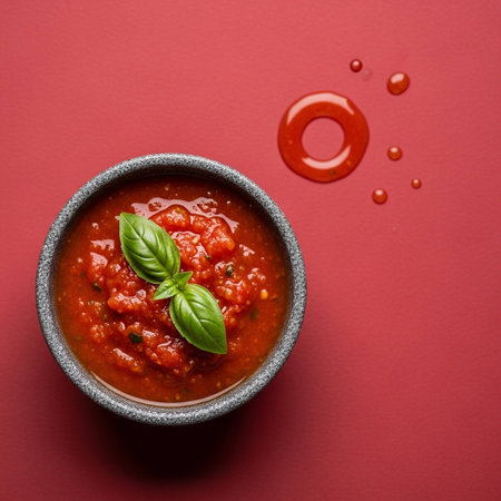 Tomato sauce in a bowl on a red background, top viewの写真素材