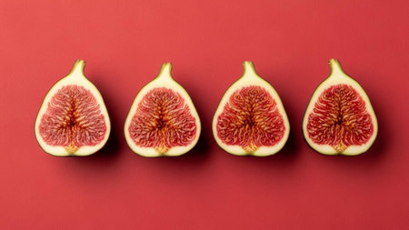 Ripe figs on red background. Top view, flat layの写真素材