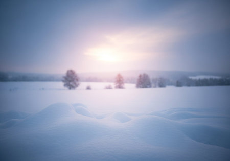 Winter landscape with snow covered field and trees in the background at sunsetの写真素材