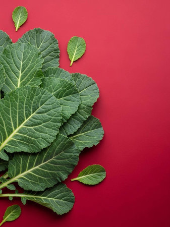Fresh green kale leaves on red background. Flat lay, top viewの写真素材