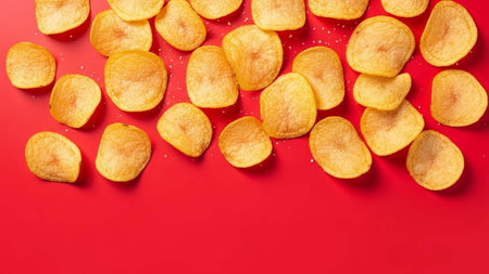 Potato chips on red background. Top view, flat lay.の写真素材