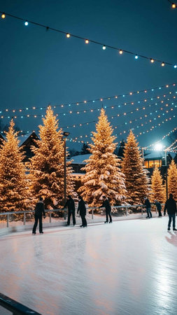People skating on ice rink in the city at Christmas time. Moscow, Russiaの写真素材