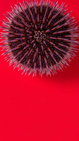 Close up of purple flower head on red background with copy space.の写真素材