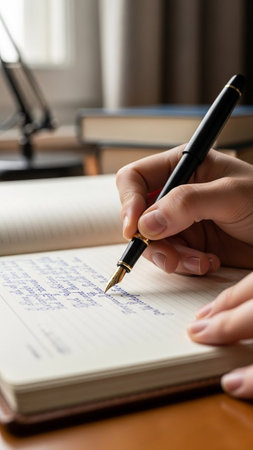 Close-up of a female hand writing in a notebook with a fountain penの写真素材
