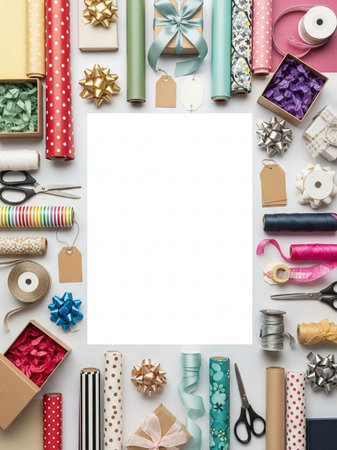 Gift wrapping and scrapbooking background. Flat lay, top view.の写真素材