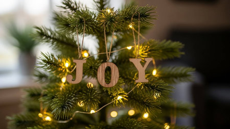 Decorated Christmas tree with the word Joy hanging on it.の写真素材