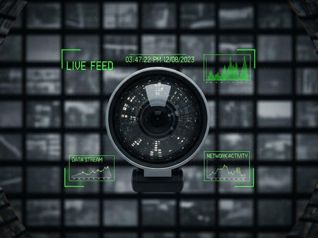 Digital composite of Security camera with security text against black and white backgroundの写真素材