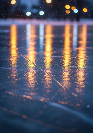 Raindrops on the pavement in the city at night. Abstract backgroundの写真素材