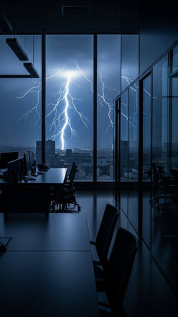 Lightning strikes in the office at night as a result of lightning strikeの写真素材
