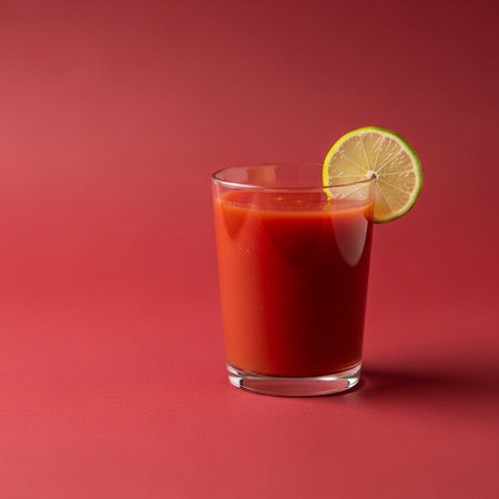 Mary cocktail in a glass on a red background, copy spaceの写真素材