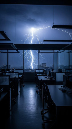 Lightning strike in the office at night.の写真素材