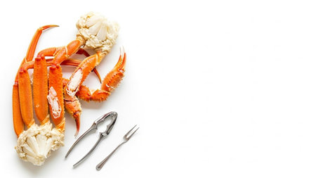 Crab legs on white background with copy space. Seafood.の写真素材