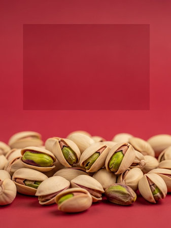 Pistachios on a red background with a place for textの写真素材