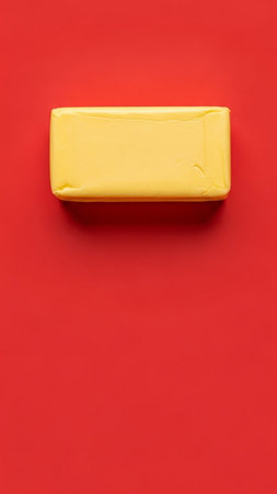Top view of yellow soap bar on red background with copy space.の写真素材