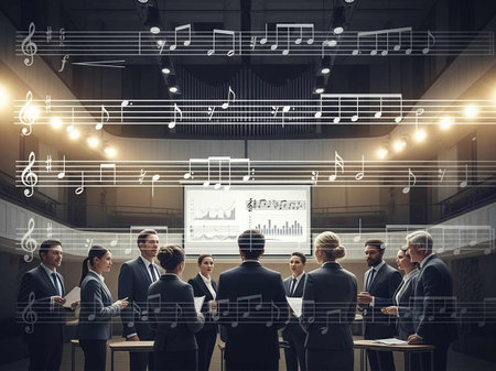 Business people in conference room with musical notes. Music and education conceptの写真素材