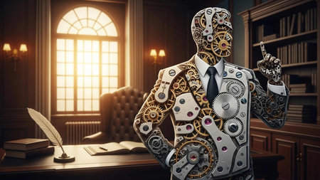 Businessman with gears and cogwheels. 3D rendering.の写真素材