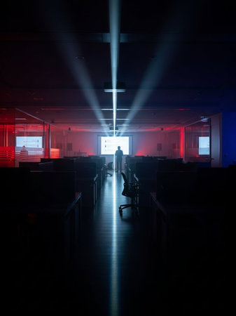 A man in a dark room with neon light on the walls.の写真素材