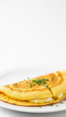 Omelet with cheese and chives on a white plate.の写真素材