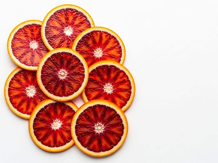 Slices of red blood orange on white background. Top viewの写真素材
