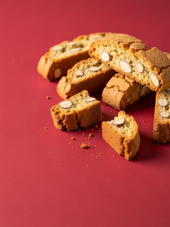 Traditional Italian cantuccini cookies with almonds on a red background.の写真素材