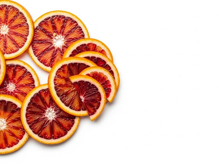 Sliced oranges on a white backgroundの写真素材