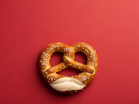 Pretzel on red background. Top view. Copy space.の写真素材