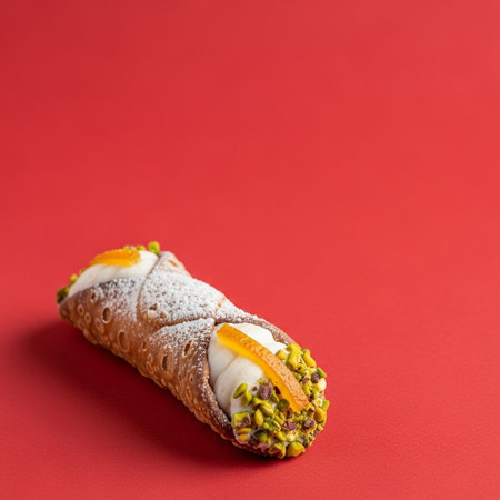 Creamy pistachio roll on red background. Copy space.