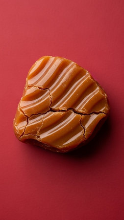 Caramelized caramel candies on red background. Top view.