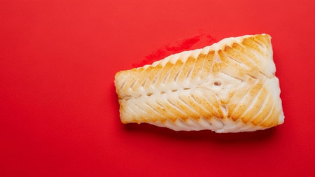 Top view of grilled fish fillet on red background with copy spaceの写真素材