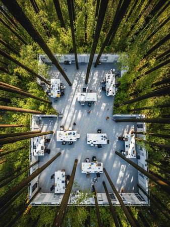 Aerial view of an office in the forest. Drone photography.の写真素材