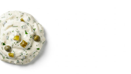 Homemade mayonnaise with green olives on a white backgroundの写真素材