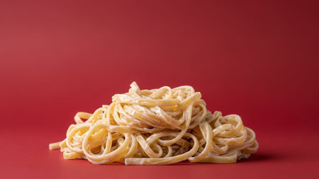 Close up of spaghetti pasta on red background with copy space for textの写真素材