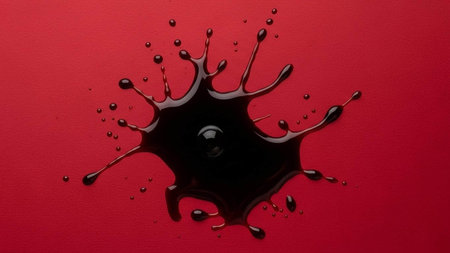 Black paint splashing on red background. Top view, flat layの写真素材