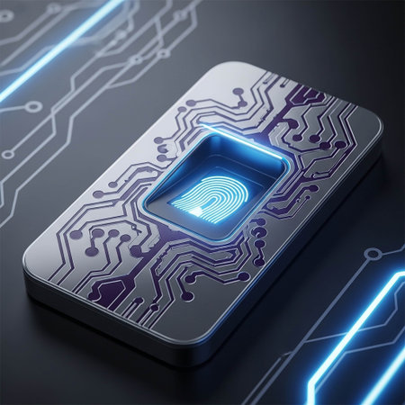 Microchip with fingerprint on a smart phone. 3d illustration.の写真素材