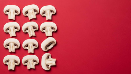 Champignon mushrooms on red background. Top view with copy spaceの写真素材