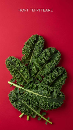 Kale leaves on red background. Top view. Flat lay.の写真素材