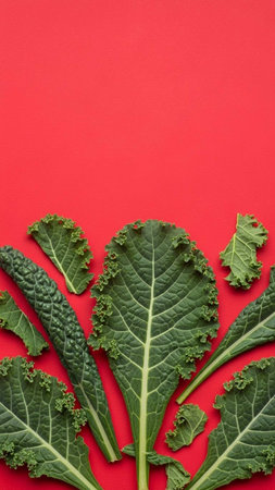Kale leaves on a red background, top view, copy spaceの写真素材