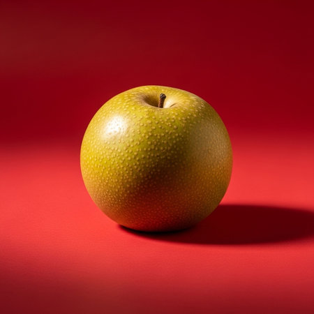 Ripe apple on a red background. Studio photography of fruit.の写真素材
