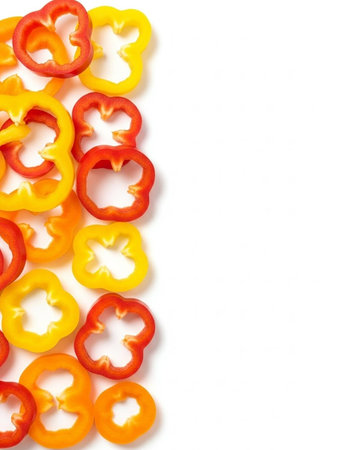 Sliced red and yellow bell pepper isolated on white background.の写真素材
