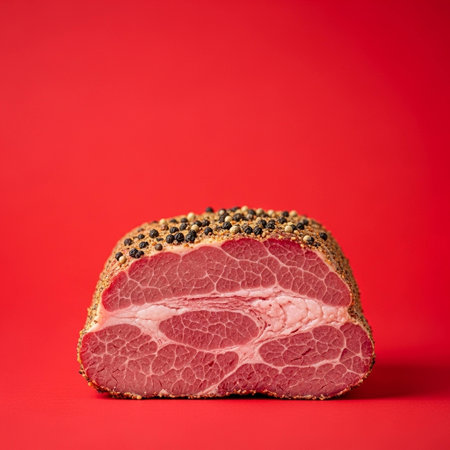 Smoked meat on a red background. A piece of meat on a red background.の写真素材