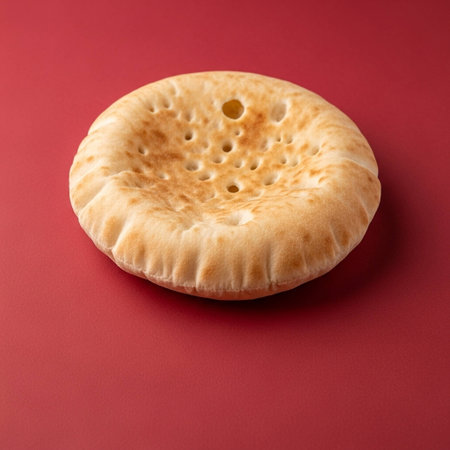 Pita bread on a red background. Top view. Close up.の写真素材