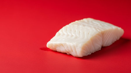 Raw fish fillet on a red background, close-up.の写真素材