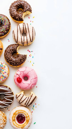 assorted donuts with chocolate frosted, pink glazed and sprinkles donuts.の写真素材