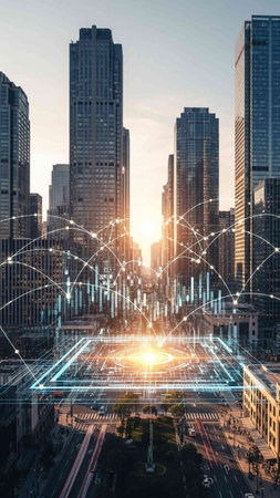 Smart city and wireless communication network over the cityscape background. Concept of smart city...