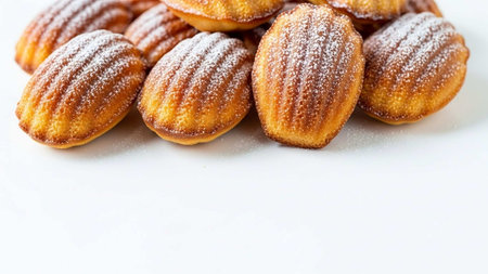 Close up of cookies sprinkled with powdered sugar on a white background.