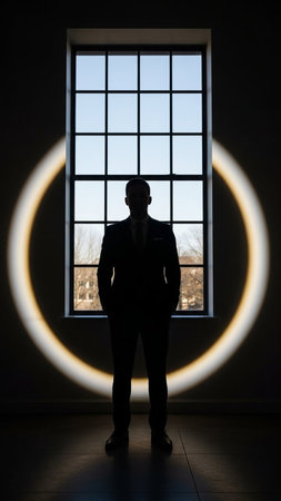Silhouette of a businessman standing in front of a large window